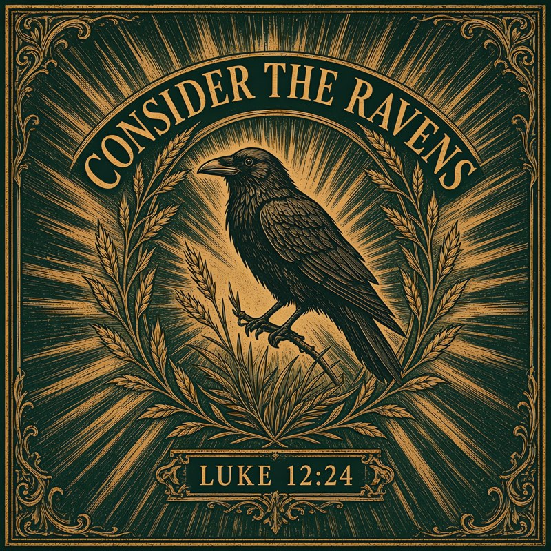Consider The Ravens: a black raven on a branch in a golden sunburst wreath, Luke 12:24