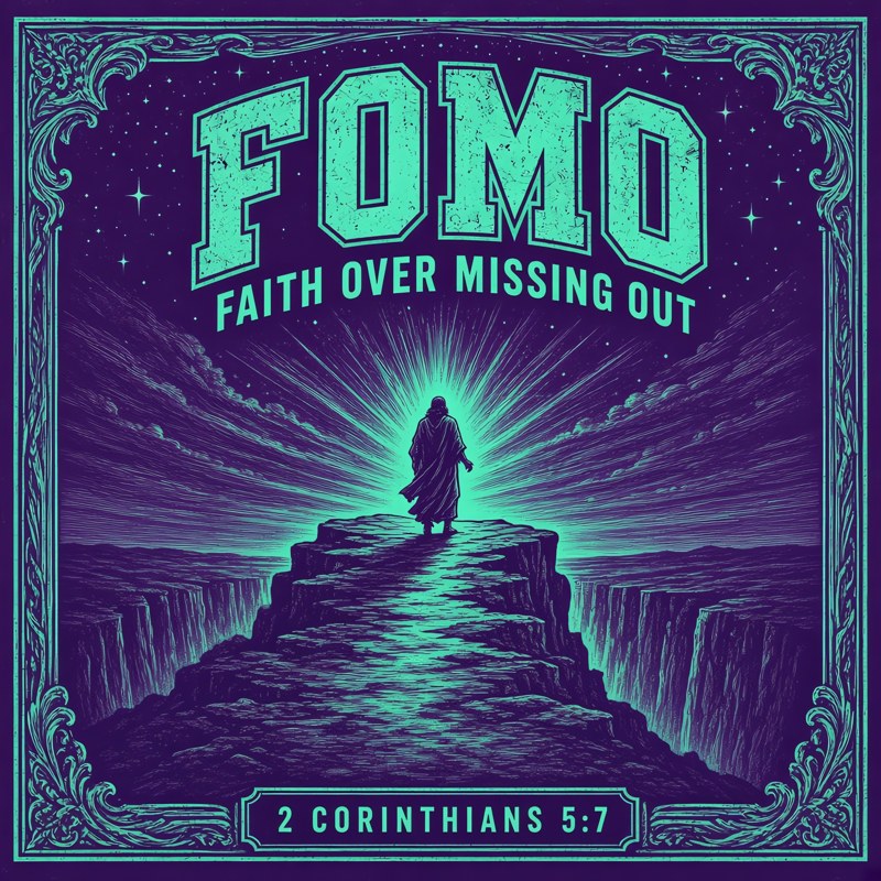 FOMO, Faith Over Missing Out: a figure walking a glowing mountain path, 2 Corinthians 5:7