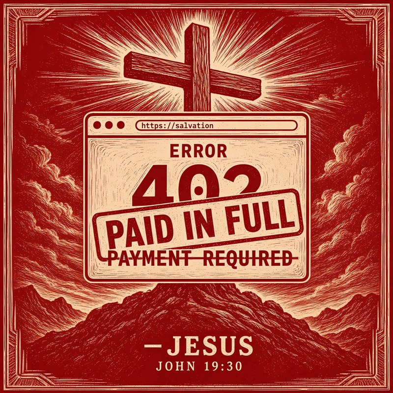 Paid In Full: a cross above a browser window reading Error 402 Payment Required, stamped Paid in Full, John 19:30